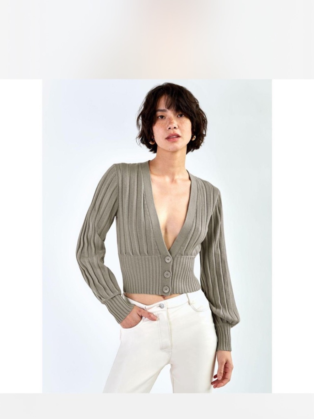 Aritzia Wilfred Olive Green Ribbed Cropped Cardigan XS
